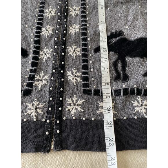 Vtg Timber Lea Cardigan Womens Medium Dark Grey Moose Holiday Zip Up Sweater - Picture 10 of 12